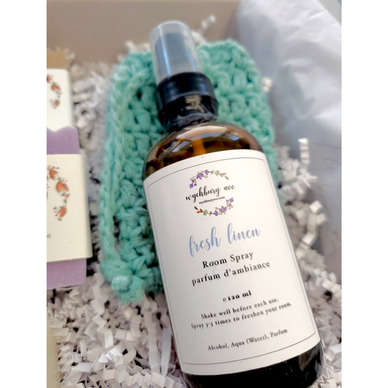 Closeup of Fresh Linen room spray in gift set